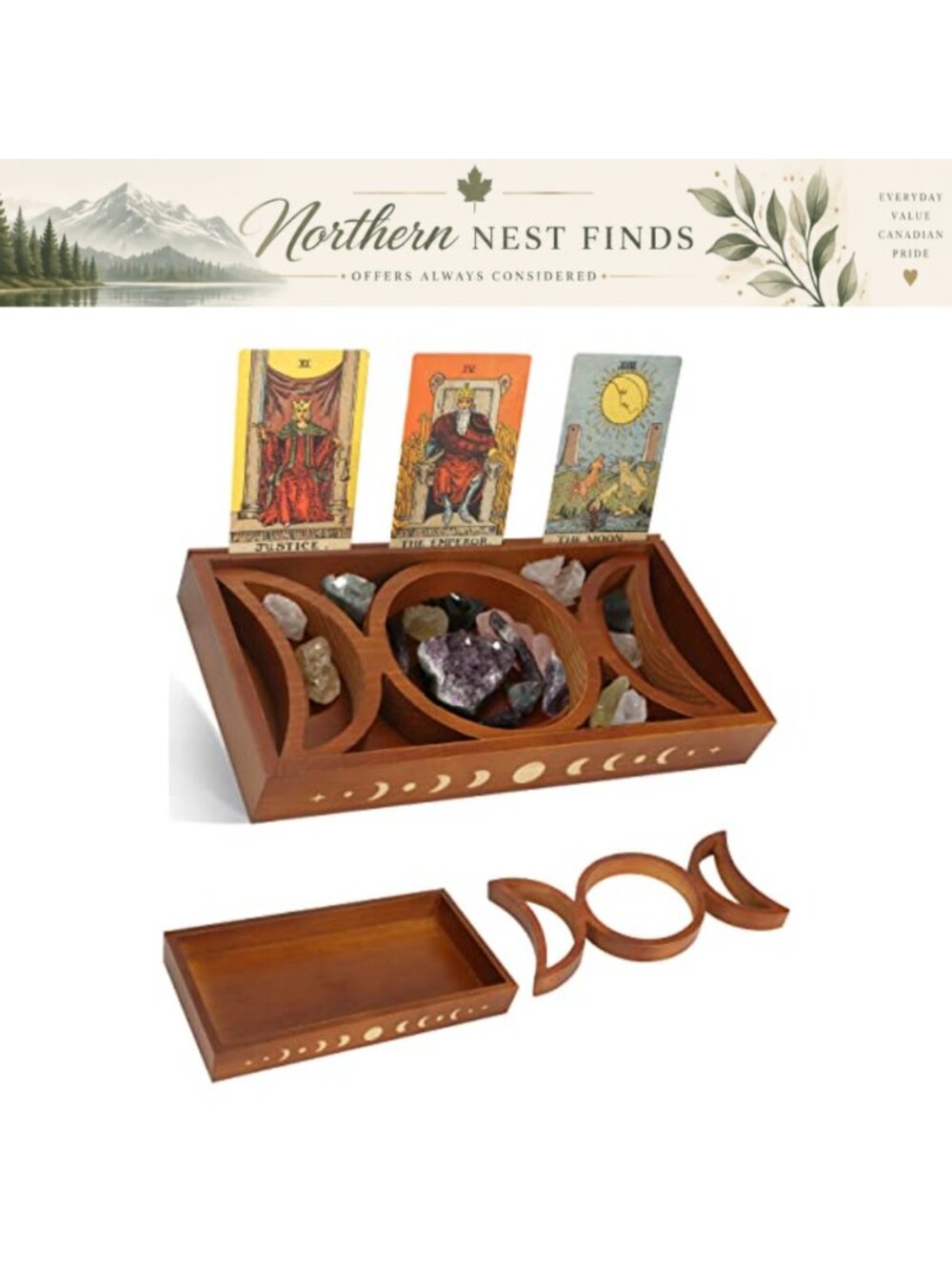 Wooden Tarot Card Holder Triple Moon Crystal Organizer Stand